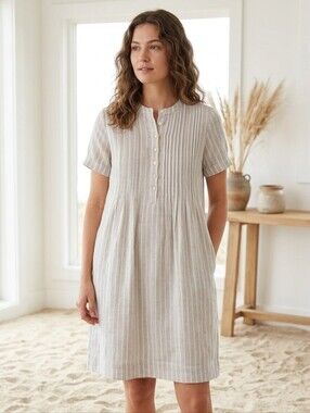 Faherty Dress Striped Short Sleeve Button Front Dress — Blue & White Linen Blend